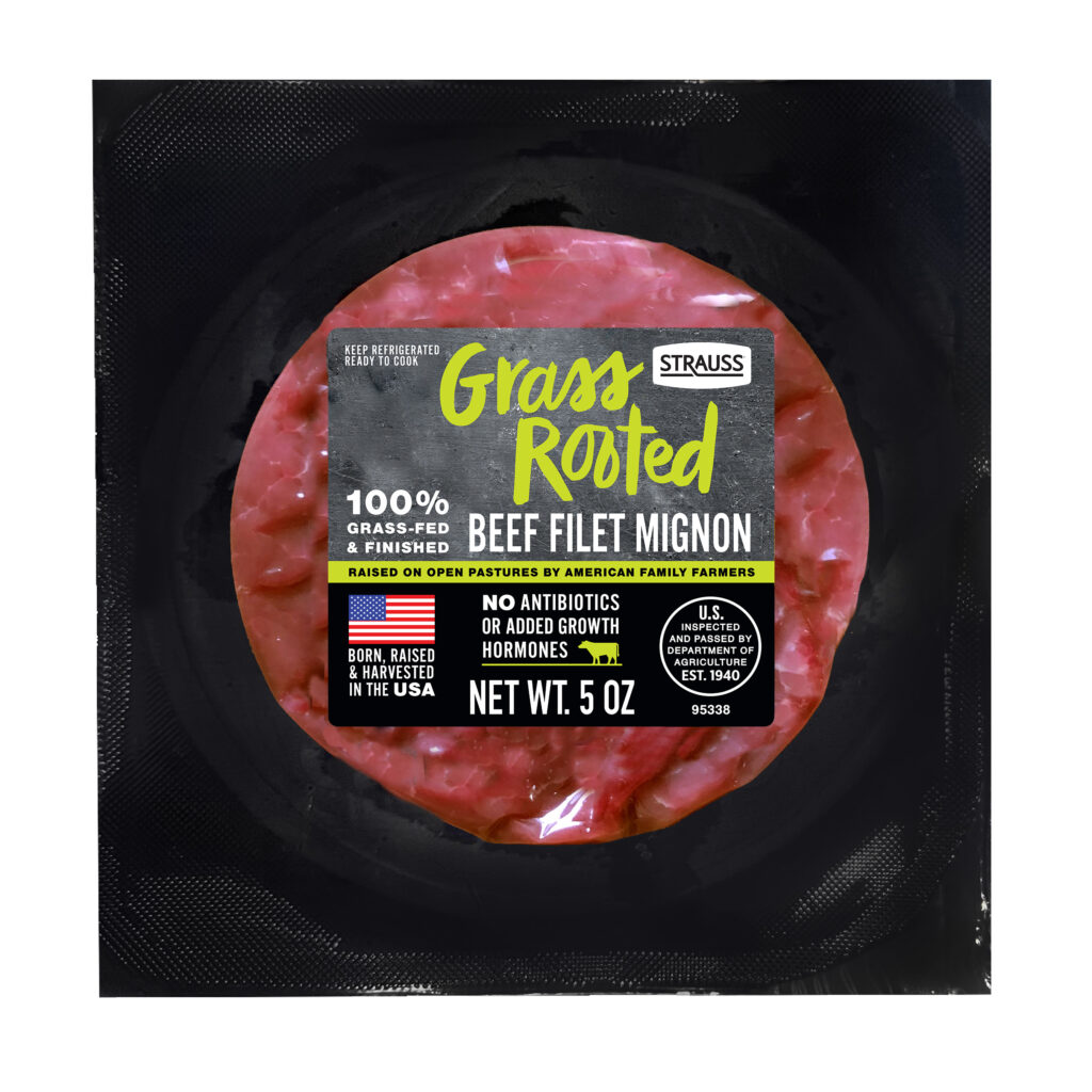A 5-ounce retail package of Strauss Grass Rooted 100% grass-fed beef filet mignon