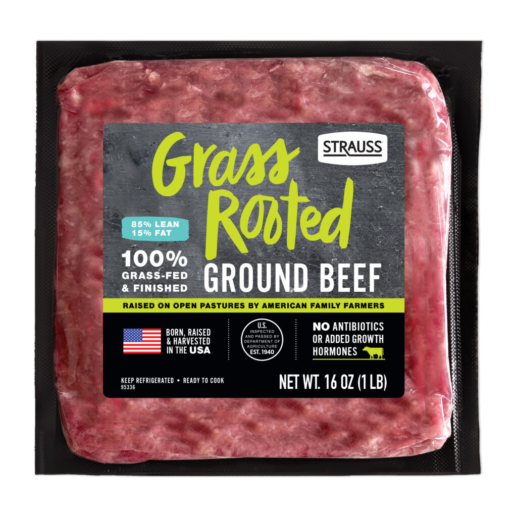 A retail package of Strauss Grass Rooted 100% grass-fed ground beef, 85% lean