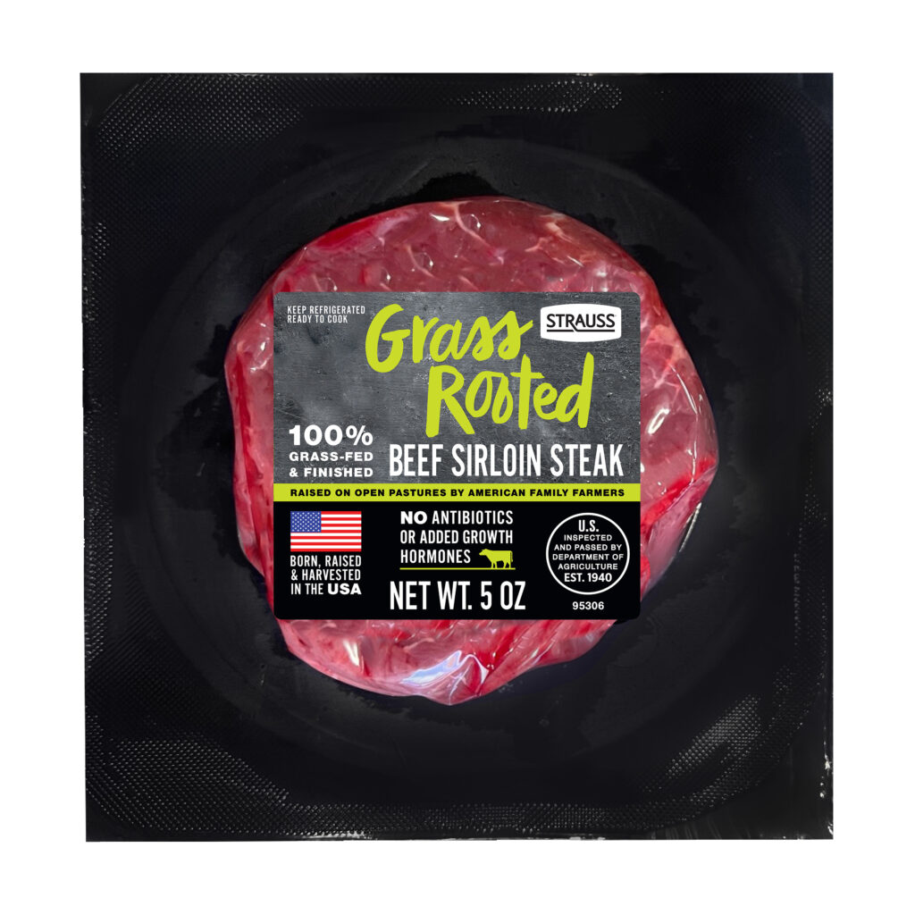 A five-ounce retail package of Strauss Grass Rooted grass-fed beef sirloin steak