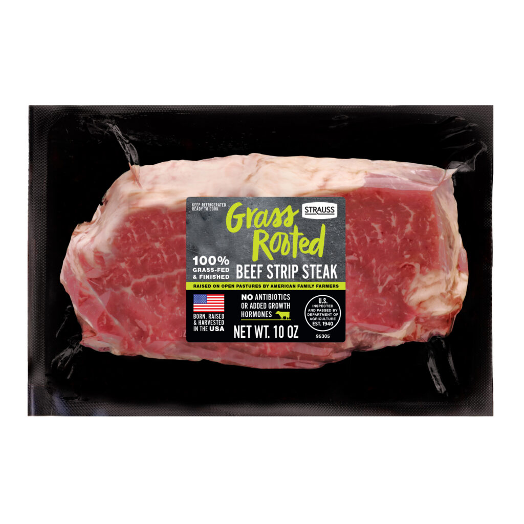 A 10-ounce retail package of Strauss Grass Rooted 100% grass-fed beef strip steak