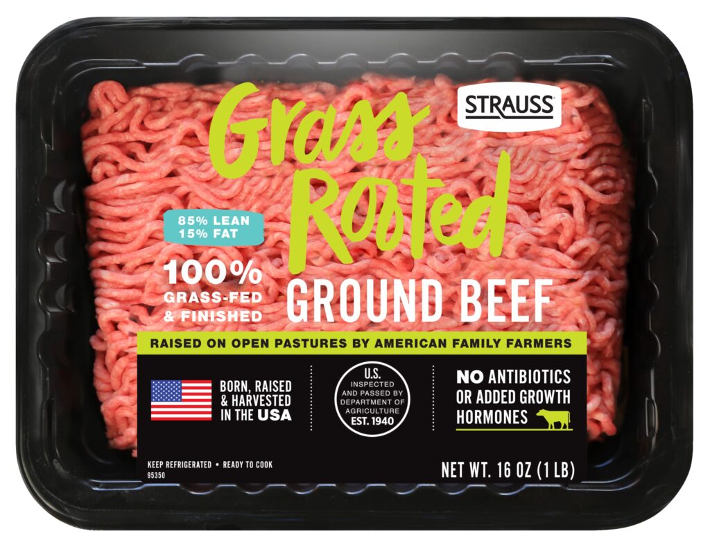 A sixteen-ounce retail package of Strauss Grass Rooted 100% grass-fed and finished ground beef
