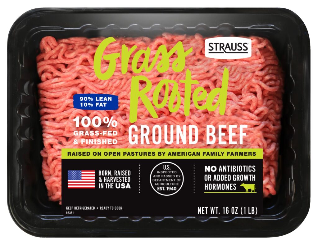 A retail 16-ounce package of Strauss Grass Rooted grass-fed beef 90% lean grinds.