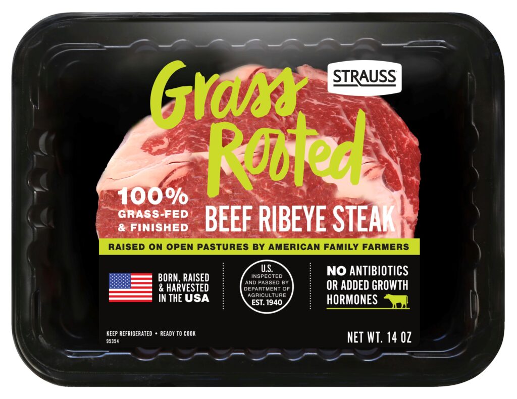 A retail 14-ounce package of Strauss Grass Rooted 100% grass-fed and finished beef ribeye steak