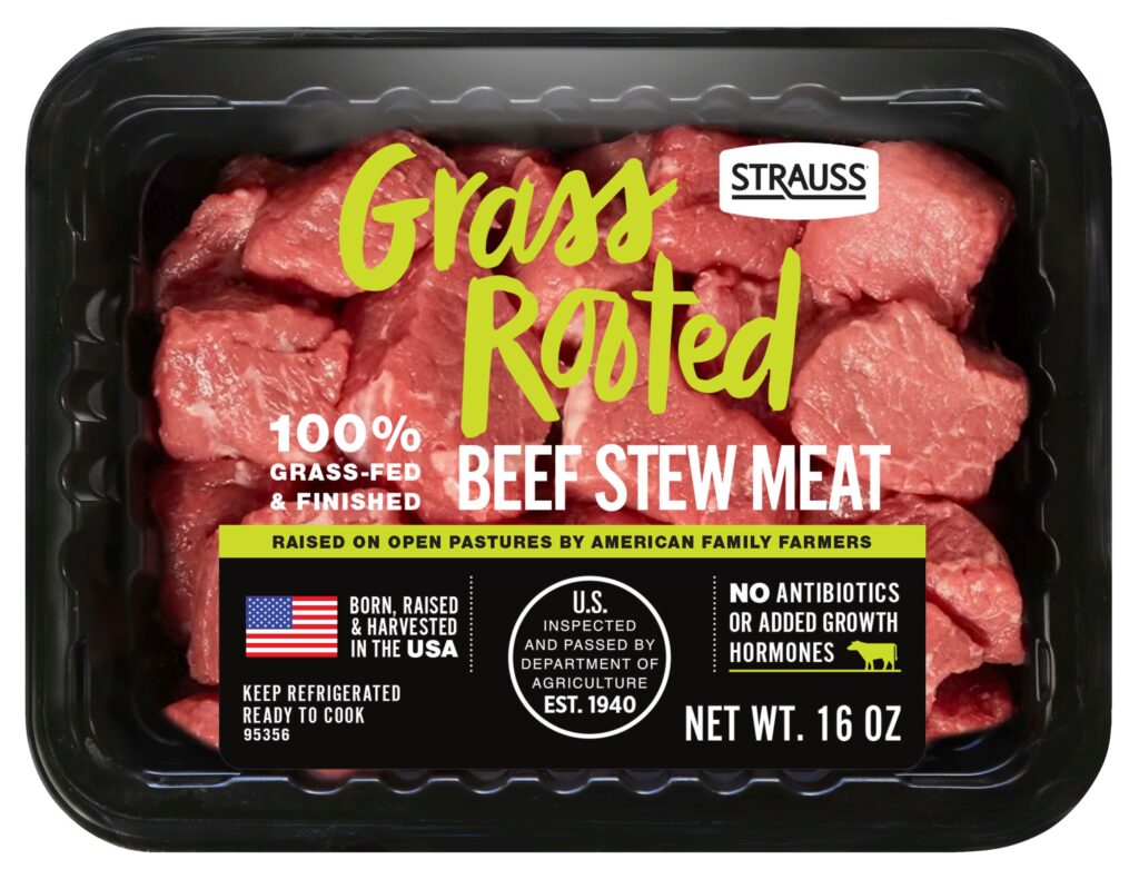 A retail package of Strauss Grass Rooted 100% grass-fed and finished beef stew meat