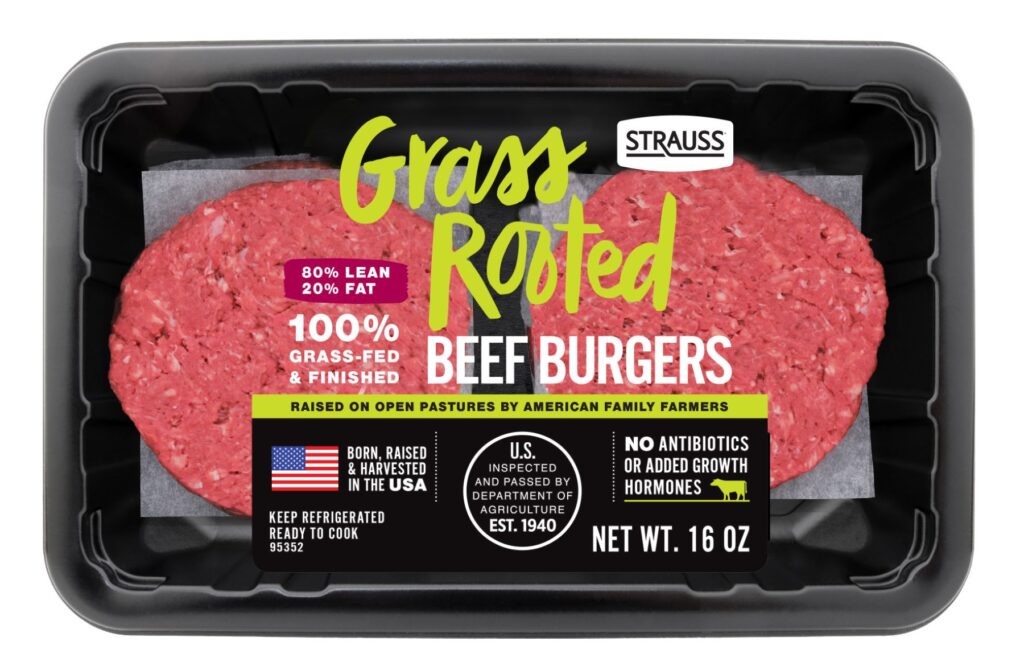 A 16-ounce retail package of Strauss Grass Rooted 100% grass-fed beef burger patties