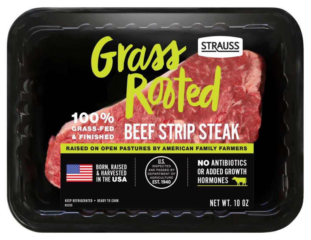 A retail package of Strauss Grass Rooted 100% grass-fed beef strip steak