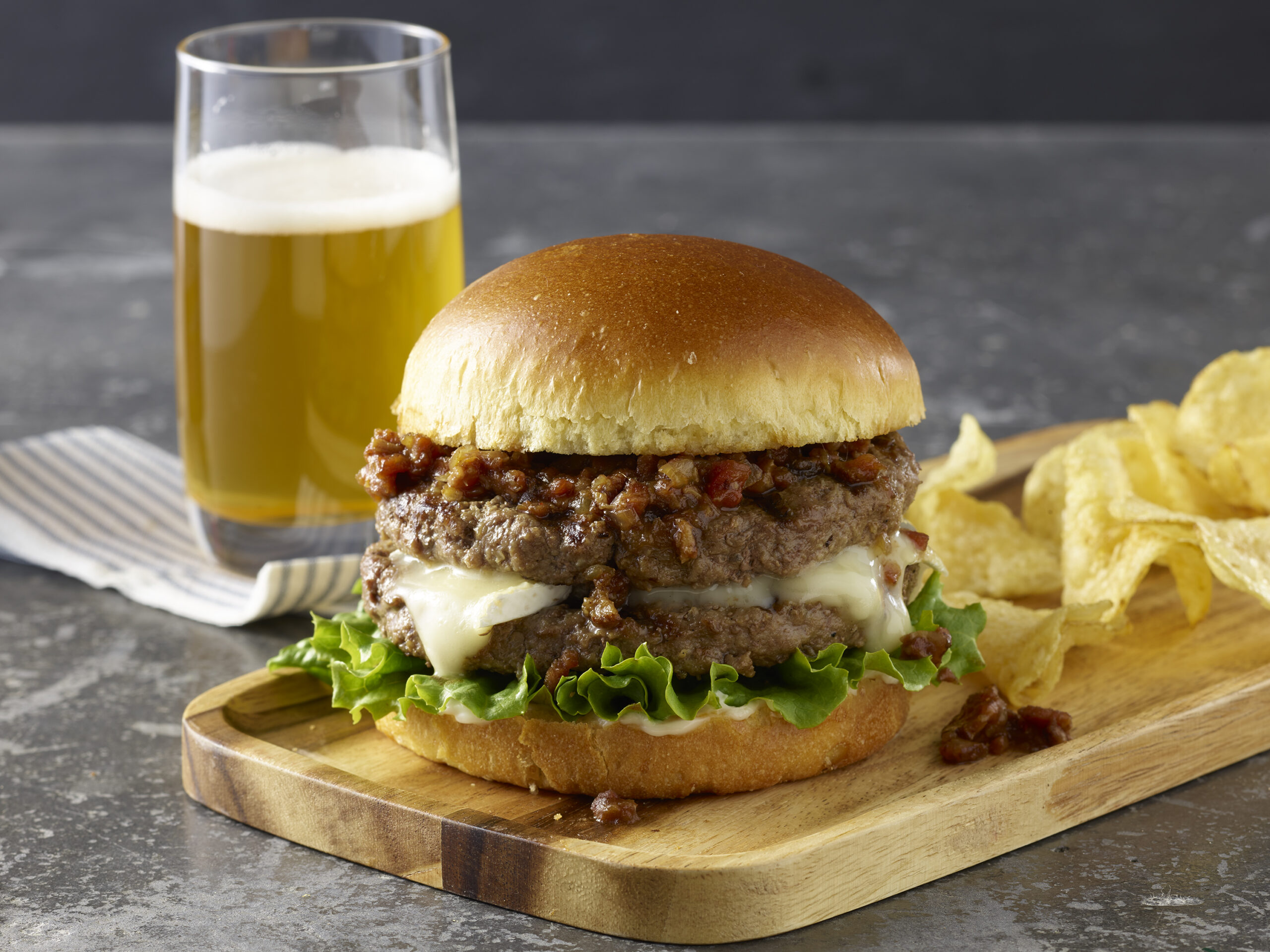 GrassFed Beef Burgers with Tomato Bacon Jam & Brie Strauss Brands
